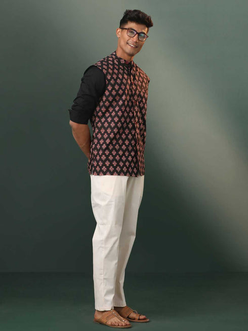 Vastramay Men's Black Floral Printed Cotton Nehru Jacket